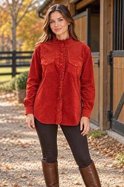 Back in the Saddle Rust Corduroy Ruffle Shirt Jacket L NWT